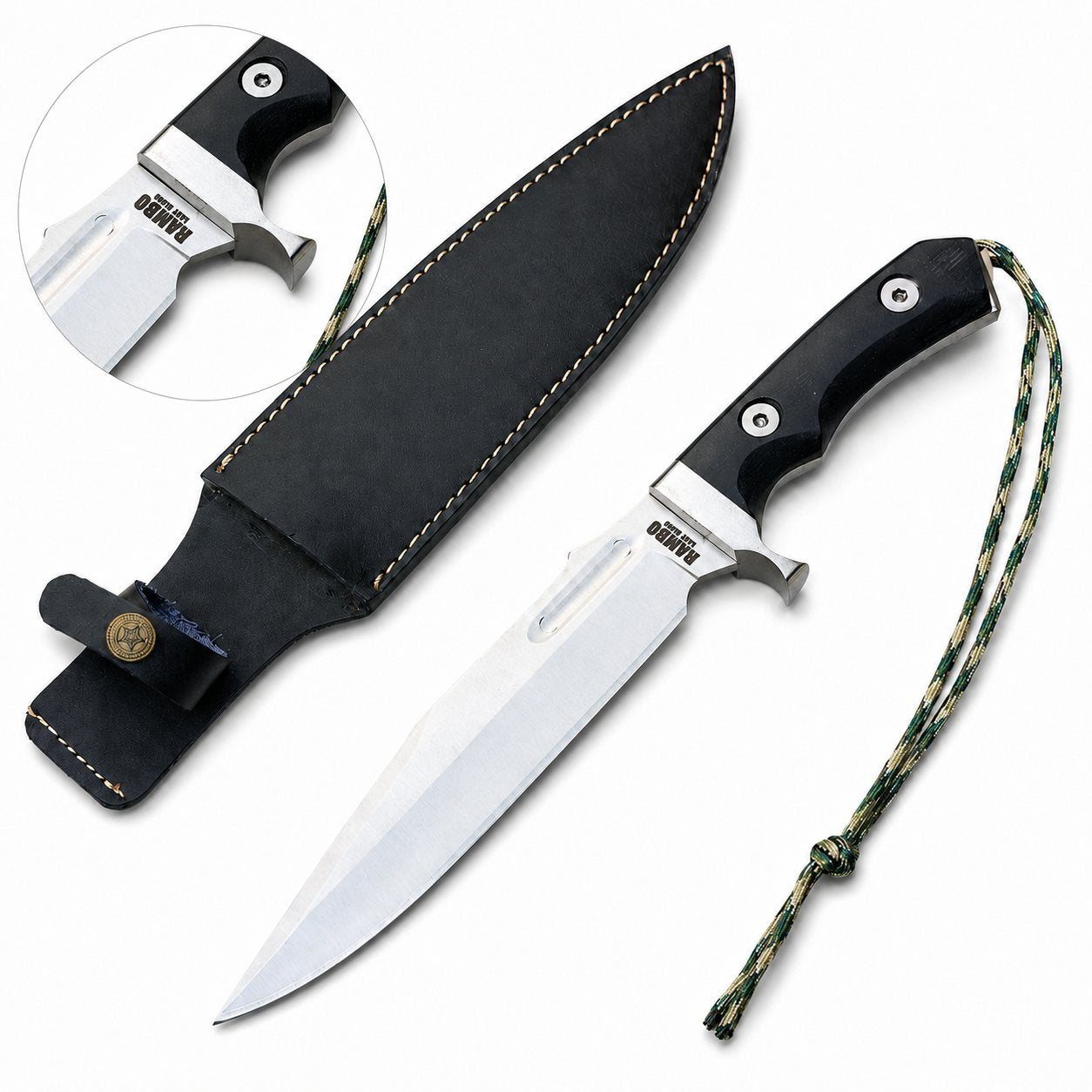 Rambo V Last Blood Bowie knife prop replica held in gloved hand in sunlit green jungle forest showing silver satin display finish clip-point bowie blade with RAMBO LAST BLOOD engraving small circular hole near ricasso and black G10 textured handle with silver hex screw rivets – John Rambo 2019 movie display collectible