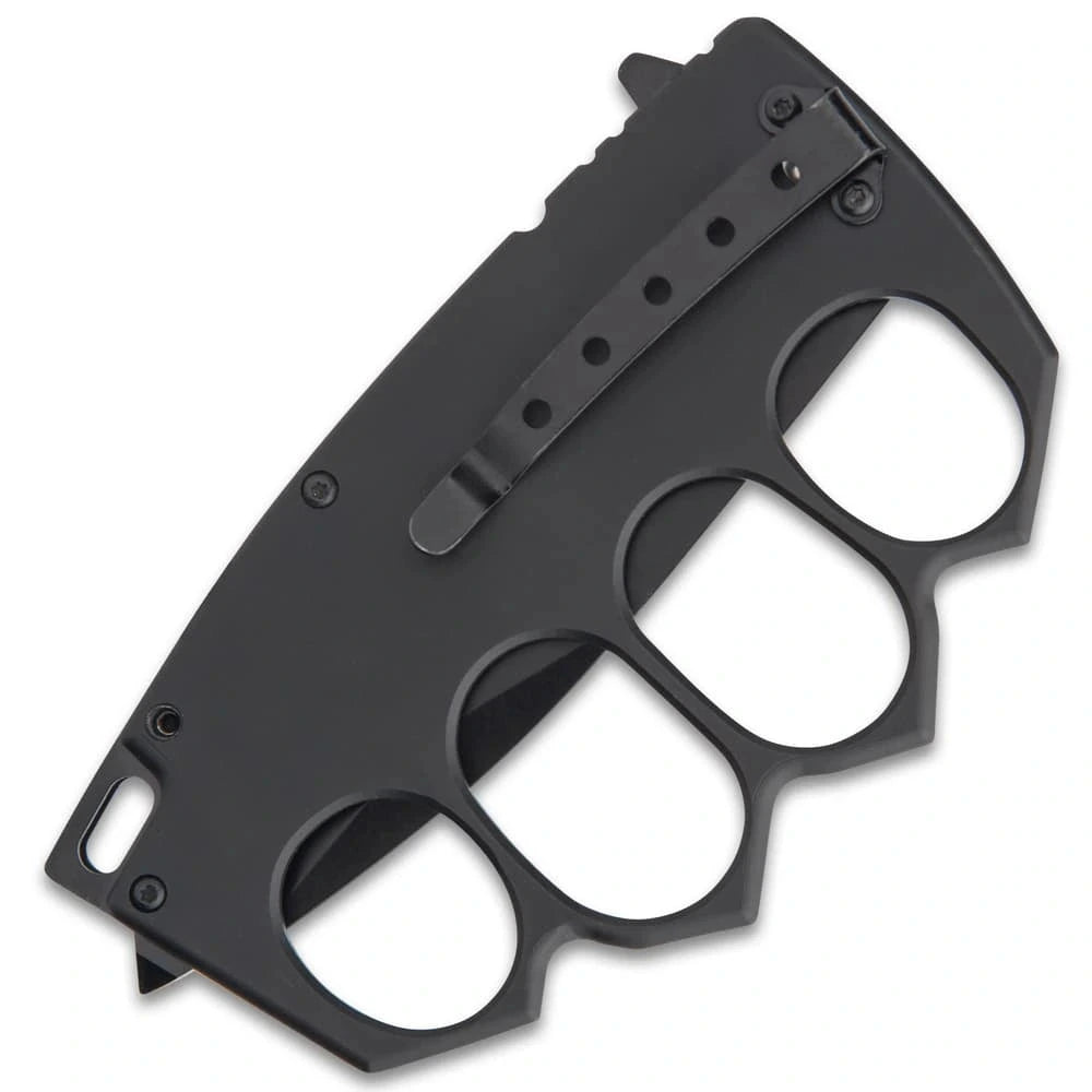 Rampage Trench Folding Knife black collector piece with black finish, knuckle-style handle, visible clip, screw details, and compact display presentation