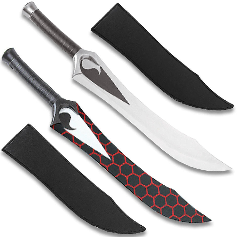 Red honeycomb fantasy machete sword set displayed on white background showing both silver blade and red hexagonal patterned blade variants side by side