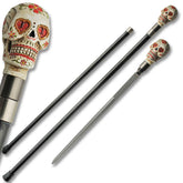 Premium red skull walking cane collectible arranged as a gothic display piece for Halloween décor, fantasy collections and photography setups.
