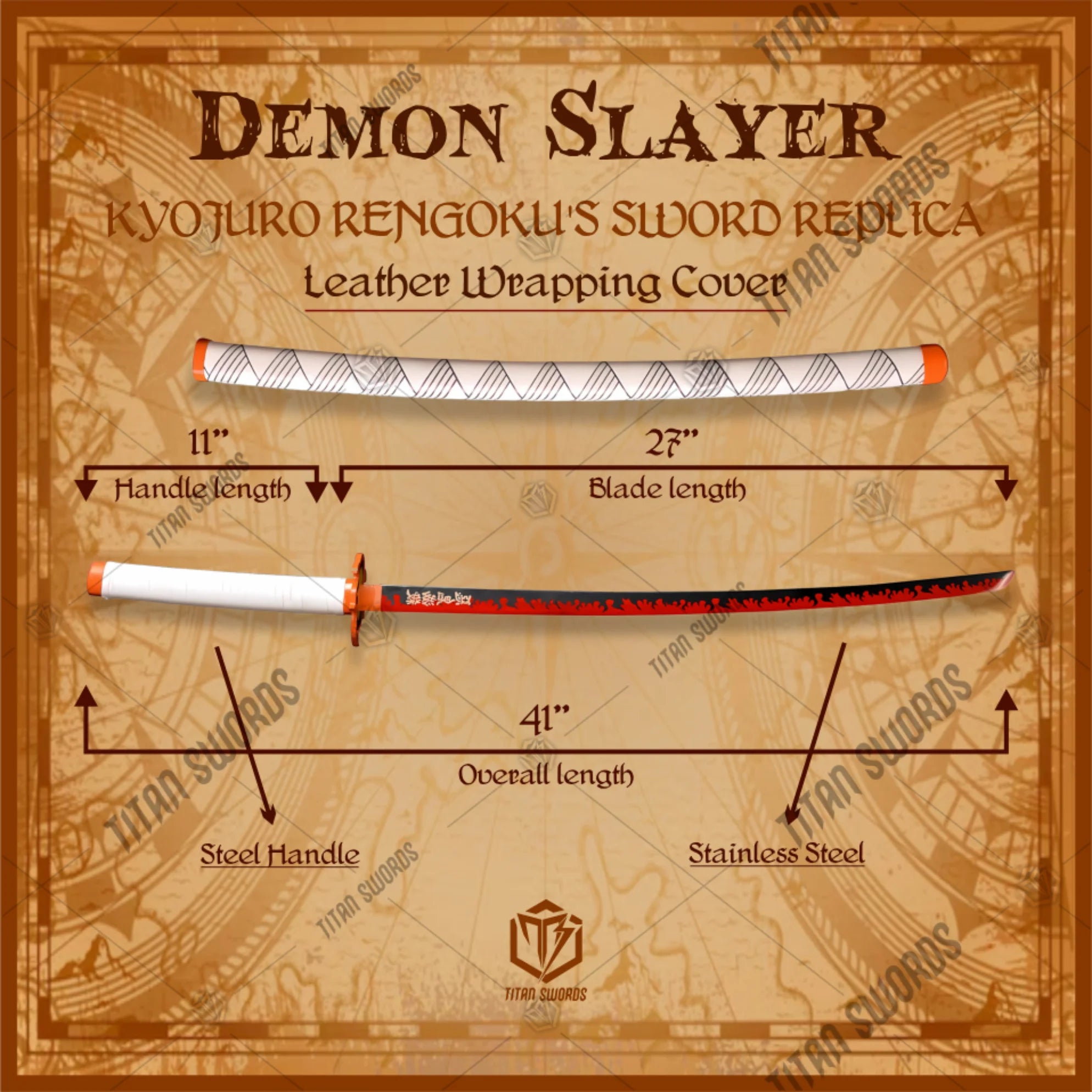 Premium Rengoku Nichirin Demon Slayer Sword Replica with flame pattern blade.