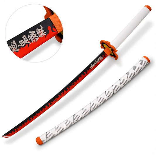 Demon Slayer Rengoku flame Nichirin prop replica with red flame gradient blade on grass – fan display piece
