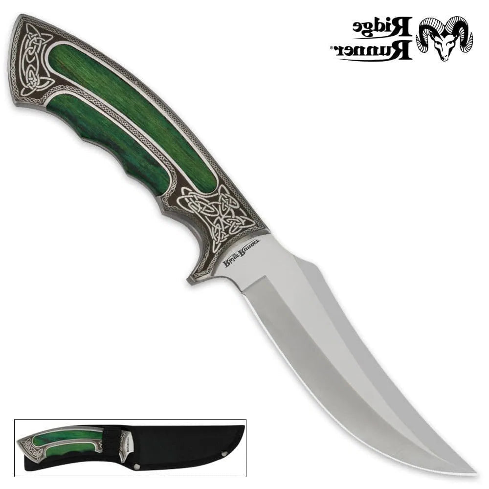 Ridge Runner executive fixed blade knife with 5-inch AUS-6 blade and scrollwork etched handle for EDC