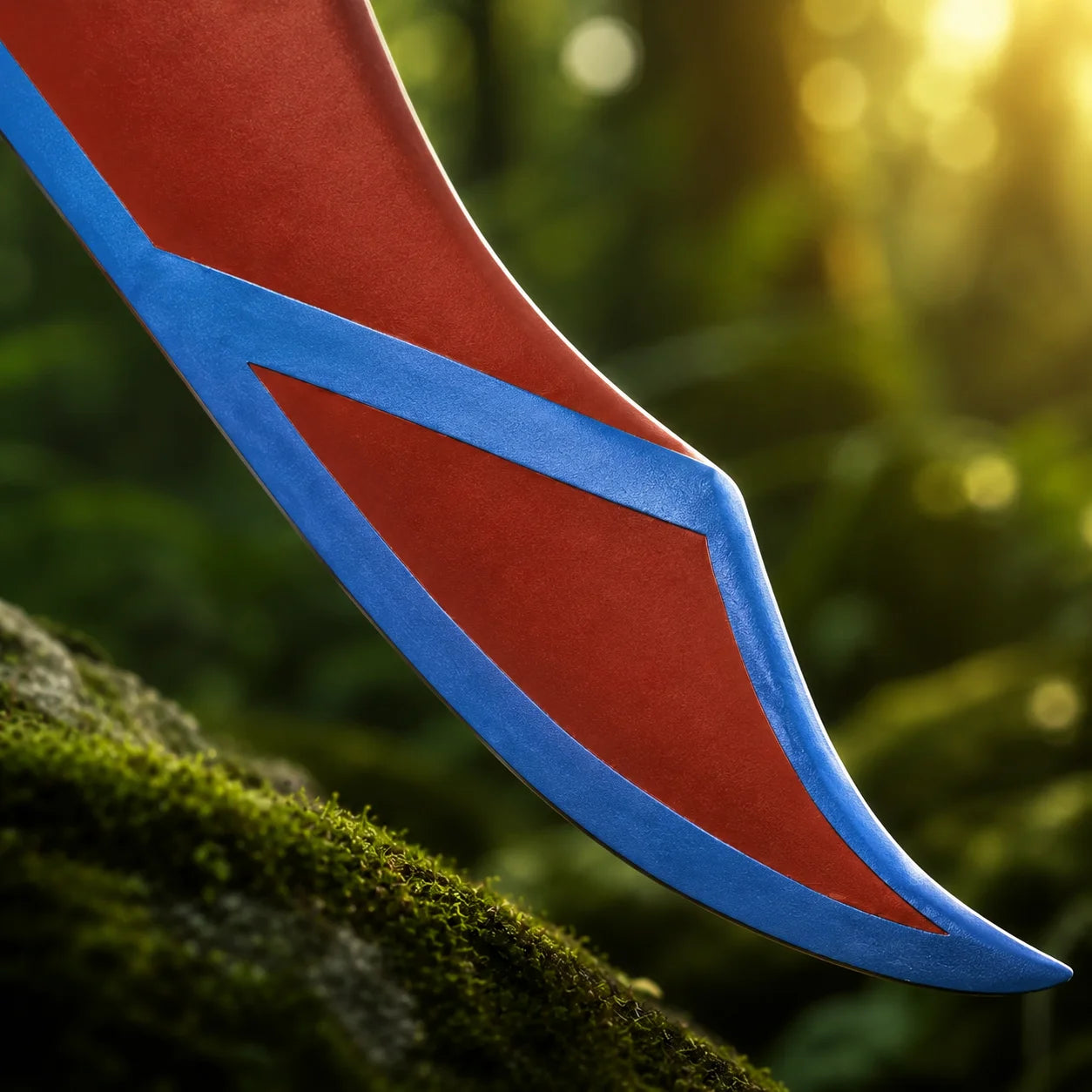 Kingdom Hearts Riku Soul Eater decorative prop replica displayed on mossy rock in forest