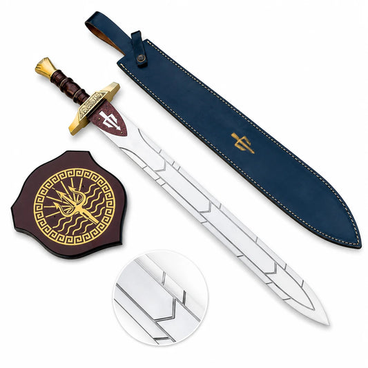 Riptide Anaklusmos Percy Jackson sword replica lying diagonally on mossy log in sunlit forest setting