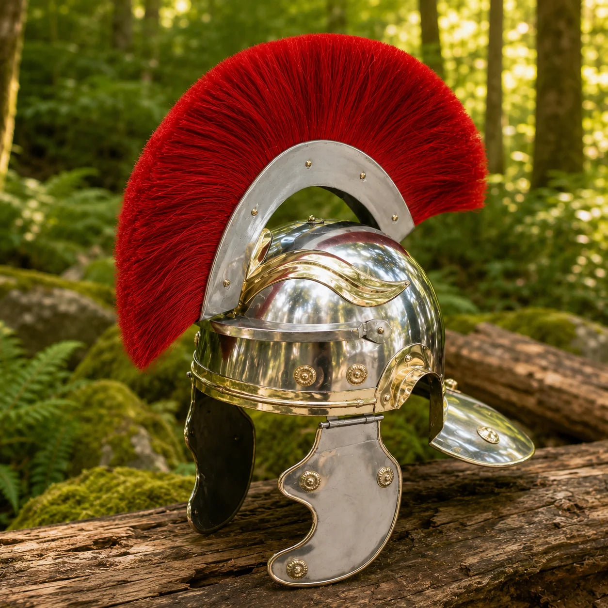 Roman legionnaire Centurion helmet collectible – top-down view on mossy boulder with red crest fanned out