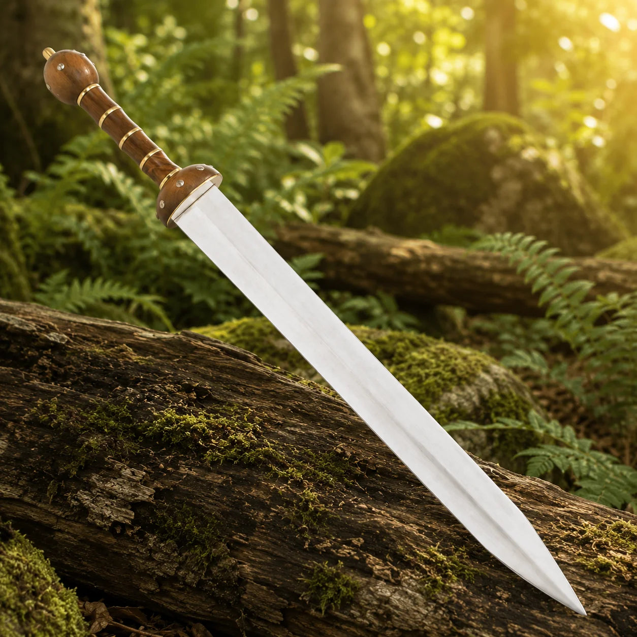 Side view of Roman Gladiator Gladius prop replica resting on mossy rock – decorative display piece