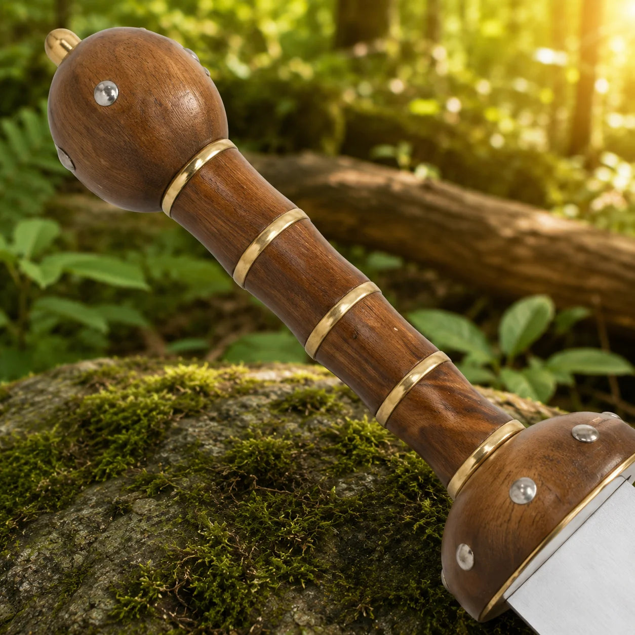 Full-length Roman Gladiator Gladius prop replica displayed on mossy rock – Spartan warrior fan collectible