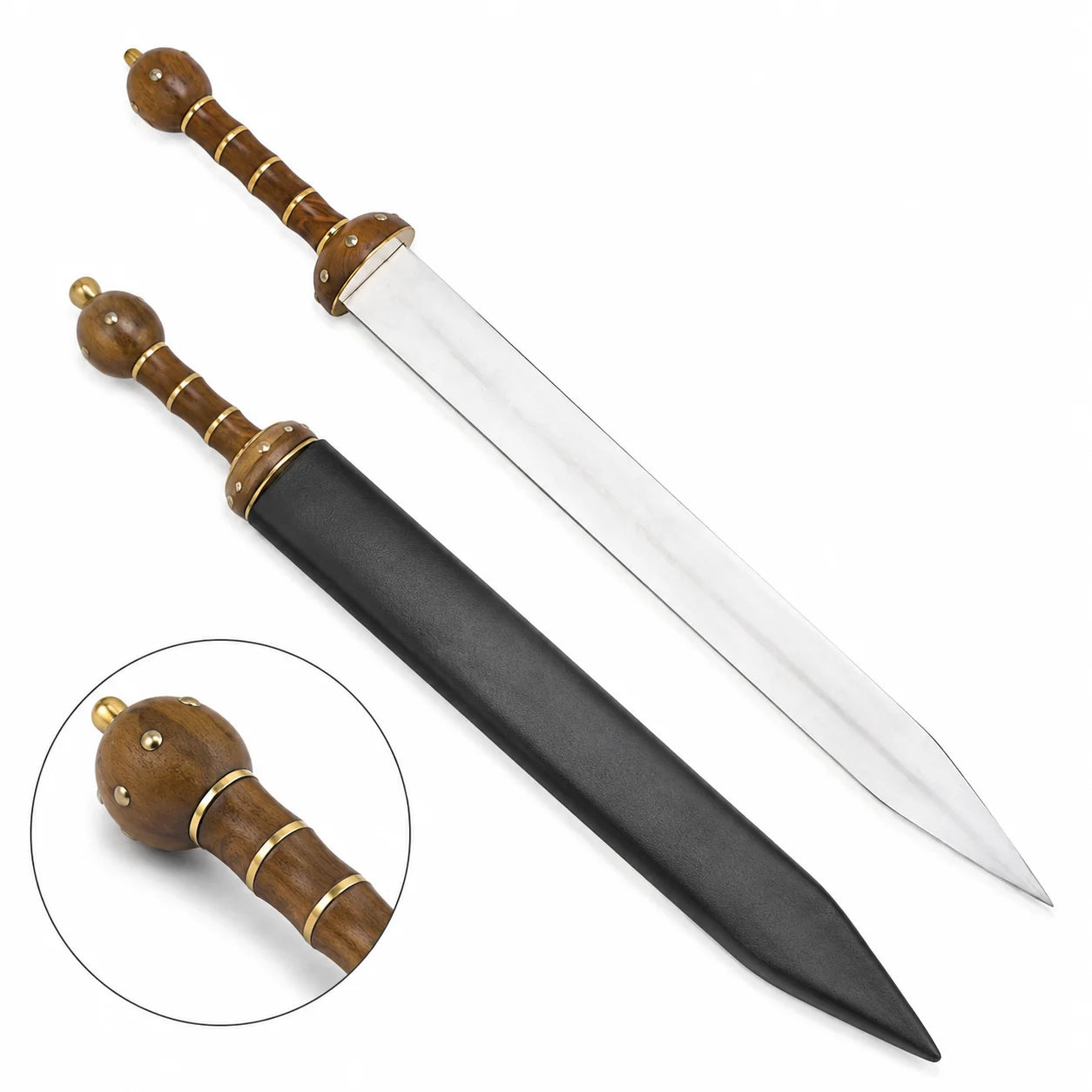 Roman Gladiator Gladius prop replica leaning on mossy log in forest – Spartan warrior display collectible