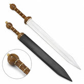Roman Gladiator Gladius prop replica leaning on mossy log in forest – Spartan warrior display collectible