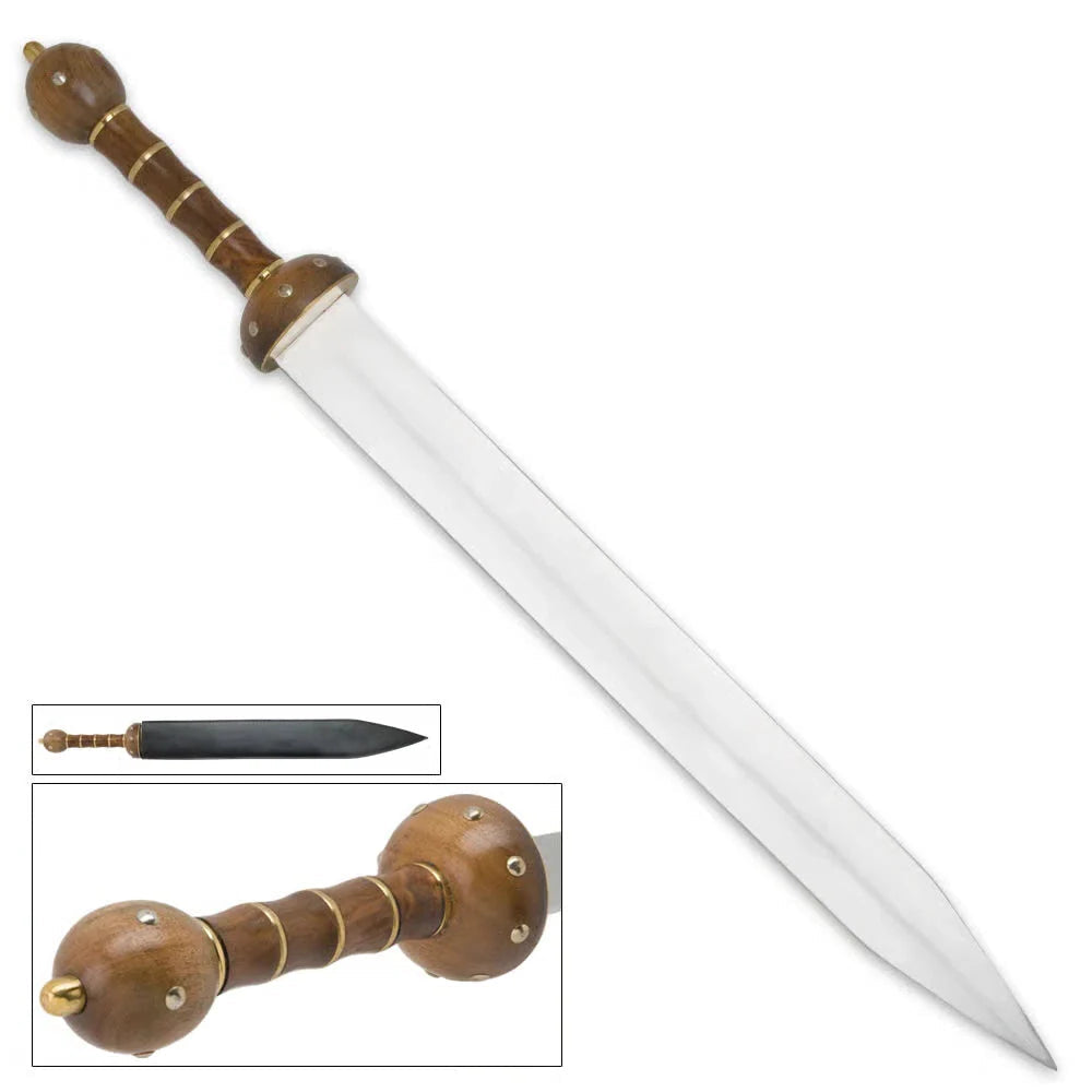 Roman Colosseum gladius sword – 30 3/4" stainless steel Pompeii gladius with 22 1/8" blade, dual blood grooves, hardwood grip & black leather scabbard | Authentic gladiator sword for reenactment and cosplay