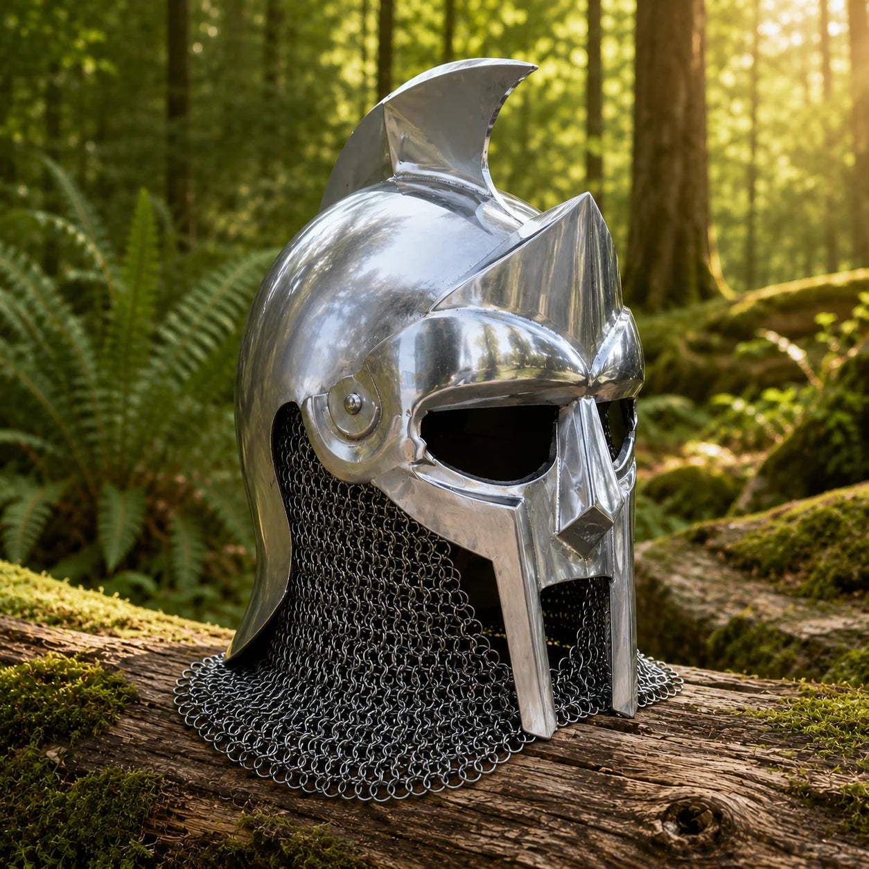 Roman Gladiator Maximus helmet replica face guard and T-bar nose bridge close-up on mossy log – Gladiator movie prop replica