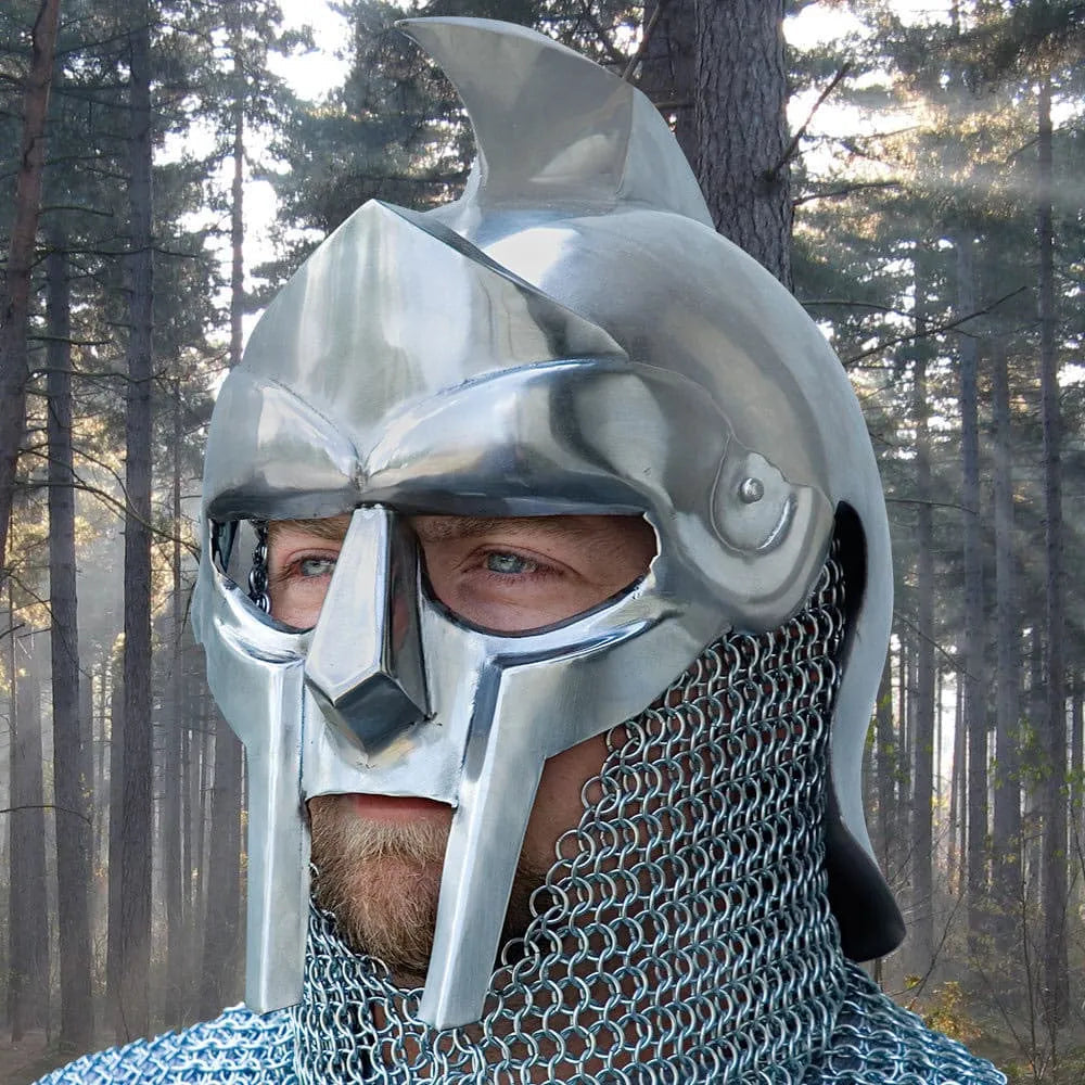 Maximus gladiator helmet replica – Roman Murmillo helm from Gladiator movie with walrus-tooth grill, bronze finish, padded liner & crest holder | Authentic Colosseum gladiator helmet for cosplay and reenactment