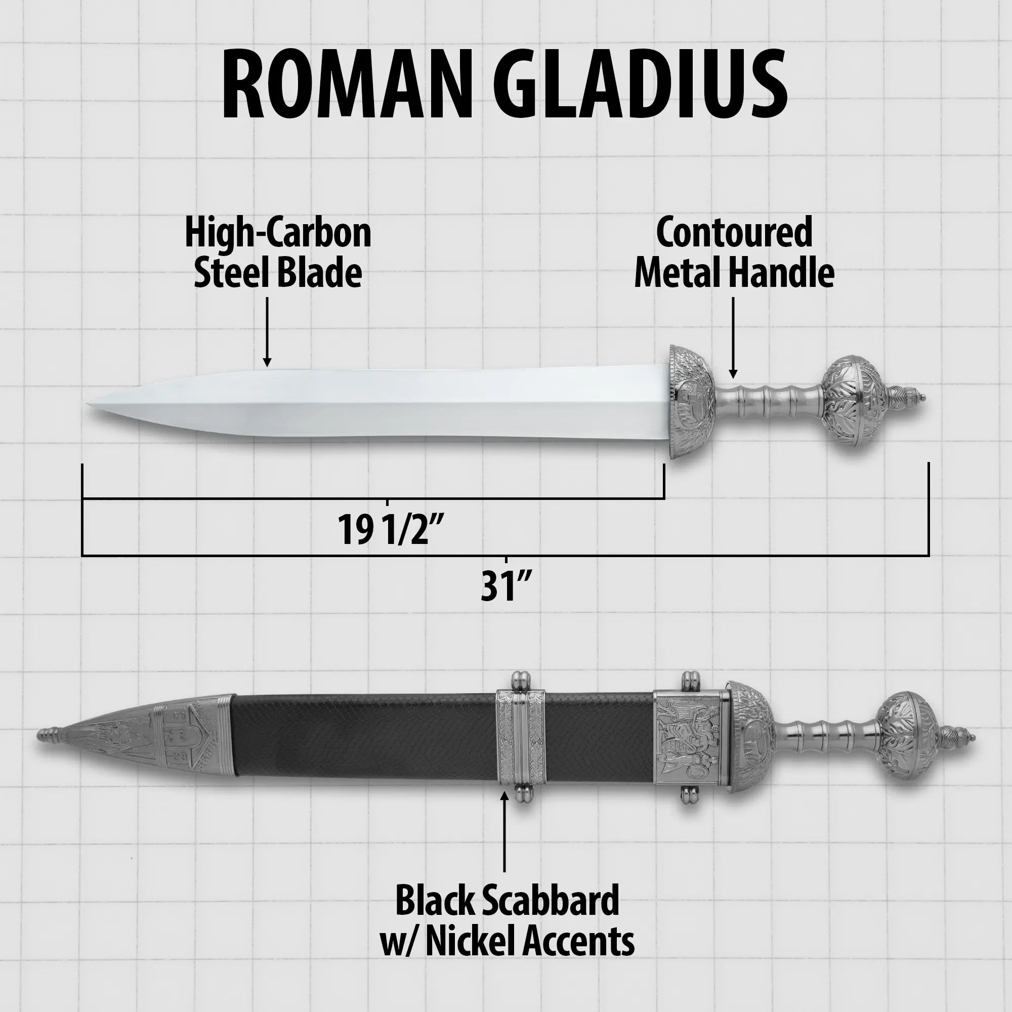 Gladiator sword – Maximus Roman gladius from Gladiator movie with 19.5" carbon steel blade, lion pommel, ribbed metal handle & black leather scabbard | Authentic Pompeii gladius for cosplay and reenactment