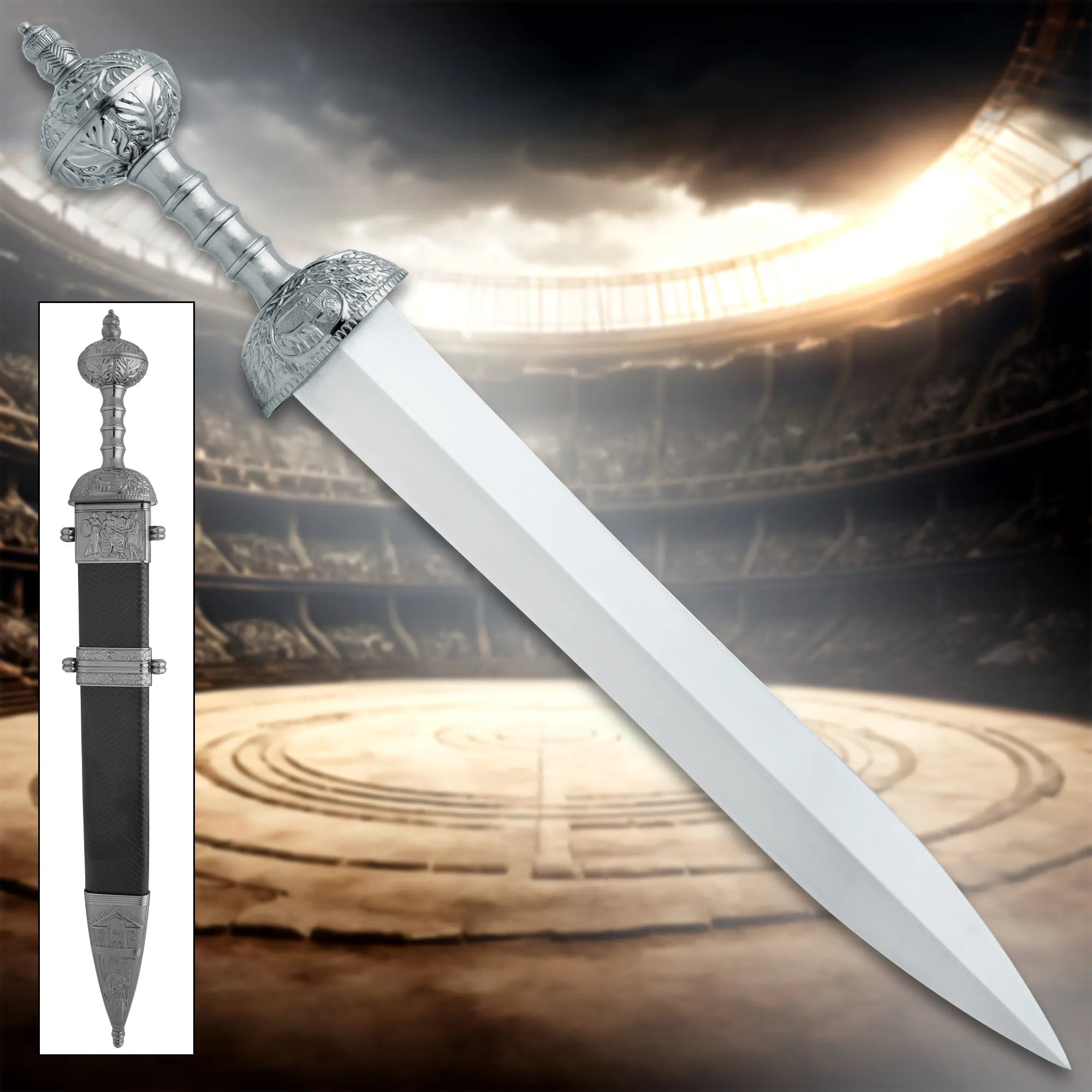 Gladiator sword – Maximus Roman gladius from Gladiator movie with 19.5" carbon steel blade, lion pommel, ribbed metal handle & black leather scabbard | Authentic Pompeii gladius for cosplay and reenactment