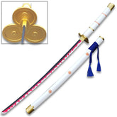 One Piece Roronoa Zoro katana and white scabbard arranged as a full-length anime fan display collectible