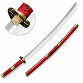 Roronoa Zoro Wado Ichimonji One Piece sword replica with white tsuka wrap and gold tsuba resting on mossy forest rock in golden sunlight