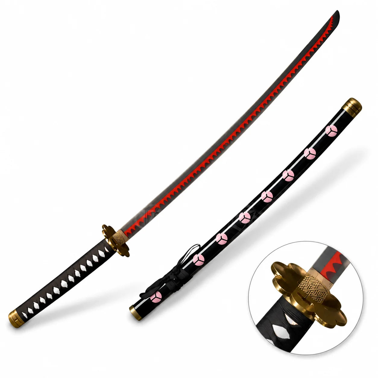 Overhead view of Roronoa Zoro Wado Ichimonji One Piece sword replica displaying full blade length on textured mossy rock with forest ferns