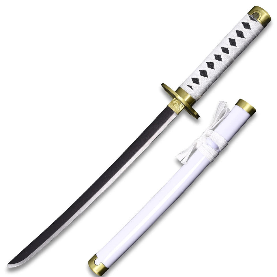 White Wado Ichimonji Mini Katana One Piece collectible inspired by Roronoa Zoro featuring premium white decorative finish, matching decorative scabbard, wrapped handle, elegant collector-quality craftsmanship, and anime-inspired detailing for cosplay enthusiasts and collectors.