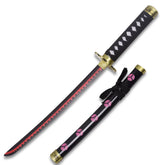 Close-up image of the Shusui Mini Katana collectible highlighting the elegant red hamon pattern, traditional wrapped handle, decorative guard, premium black finish, matching scabbard, and anime-inspired craftsmanship based on Roronoa Zoro from One Piece.