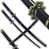 Close-up of One Piece Yubashiri katana handle showing black nylon wrapping, metal guard and display finish