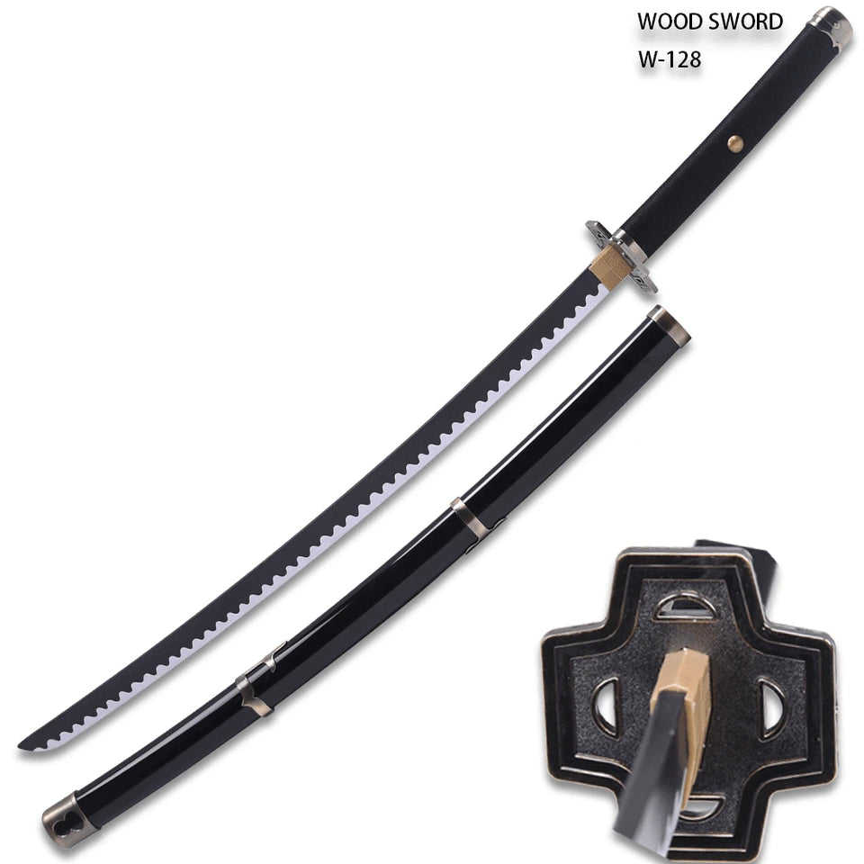 Zoro Yubashiri Sword with matching high-gloss black scabbard showcased as a premium One Piece fan collectible