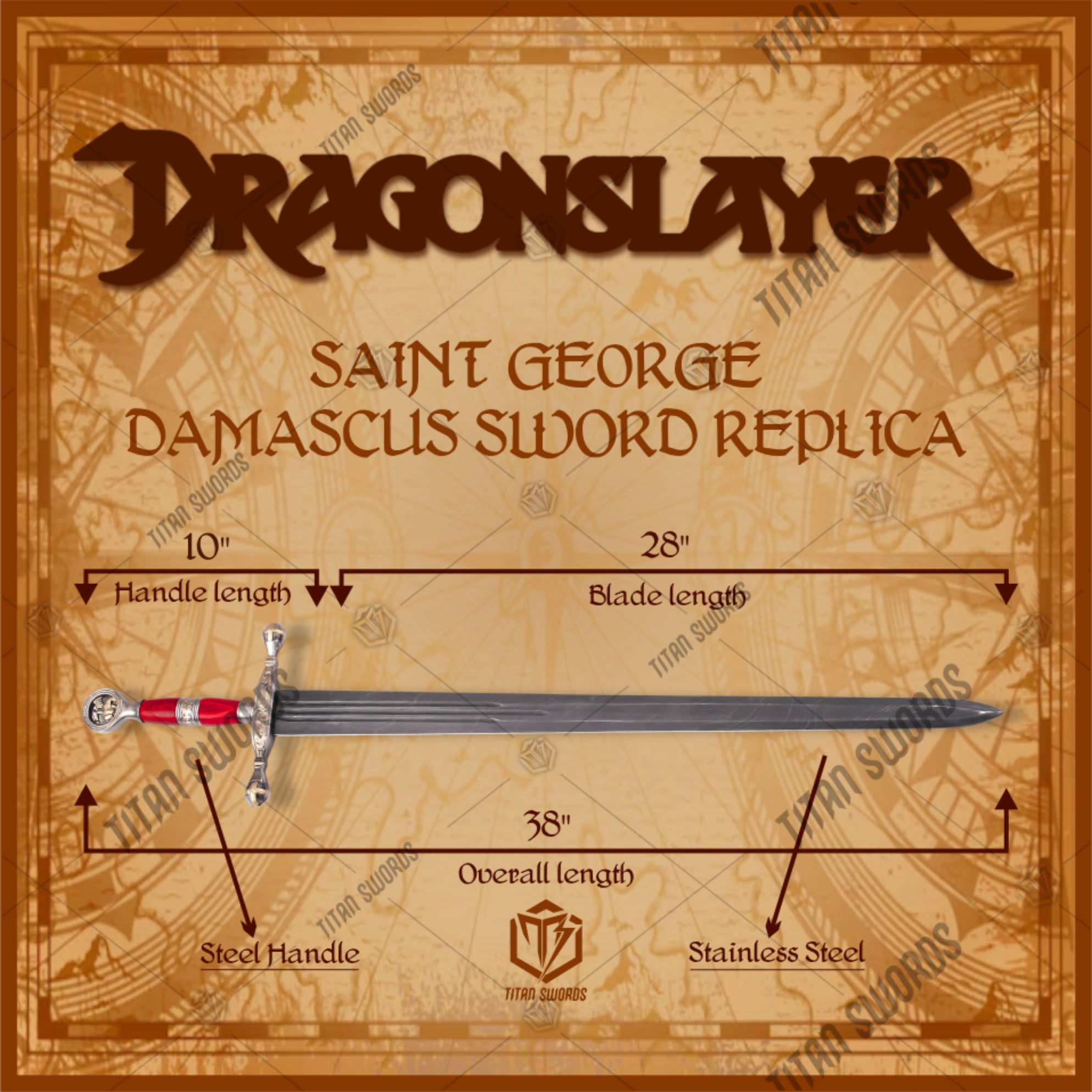 Premium Saint George Ascalon Dragon Slayer Sword Replica with Damascus steel.