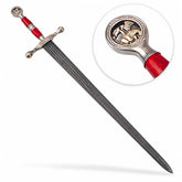 Close-up of Saint George Ascalon Dragon Slayer Sword Replica red resin grip with silver Saint George pommel medallion and ornate engraved crossguard