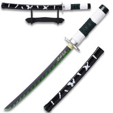 Demon Slayer Sanemi Shinazugawa Green Nichirin display collectible displayed with its matching decorative scabbard and presentation stand, creating an impressive centerpiece for anime room décor, gaming setups, collector cabinets, cosplay photography, and themed displays.