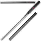 Full-length Sasuke steel sword and hardwood scabbard arranged as an adult anime collectible for controlled private display