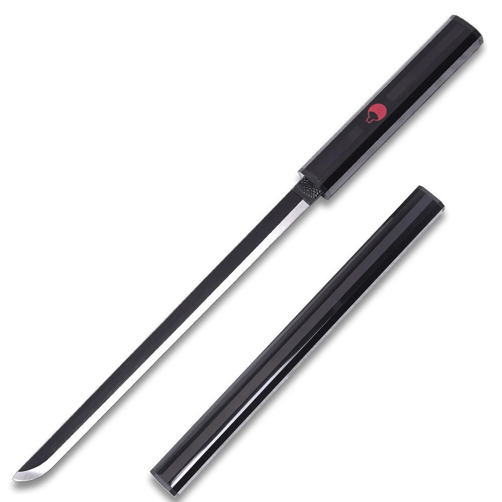 Close-up image of the Sasuke Kusanagi Black Katana collectible highlighting the traditional wrapped handle, elegant decorative guard, premium display-grade construction, and collector-quality craftsmanship inspired by Sasuke Uchiha from Naruto.