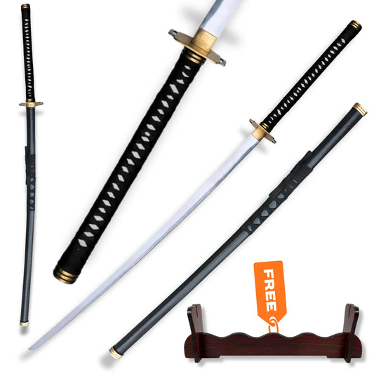 Sephiroth Masamune Odachi sword prop replica from Final Fantasy with long silver blade, black wrapped handle and black scabbard