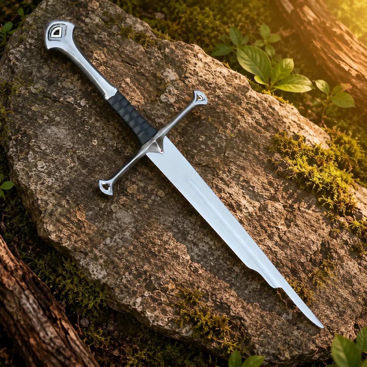 Shards of Narsil prop replica full length resting on mossy forest rock in golden sunlight showing polished silver blade – LOTR Aragorn collectible