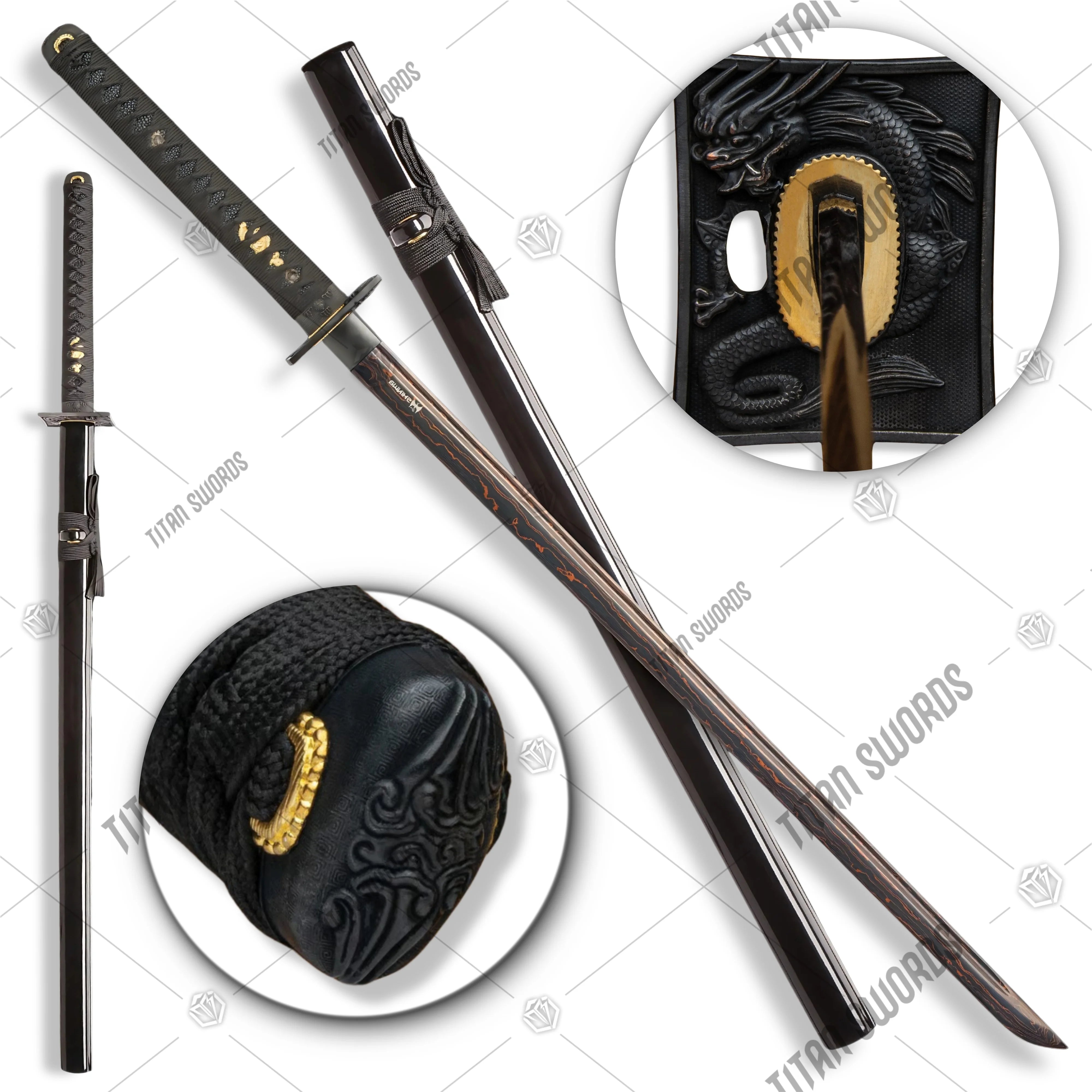 Premium Shinwa Black Knight Katana Damascus Sword with Damascus steel.