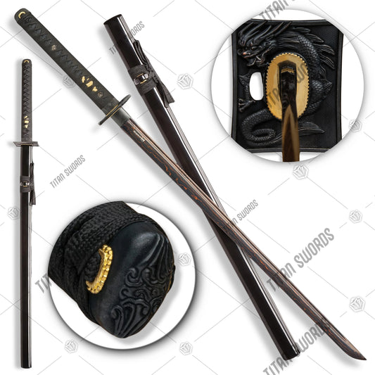 Premium Shinwa Black Knight Katana Damascus Sword with Damascus steel.