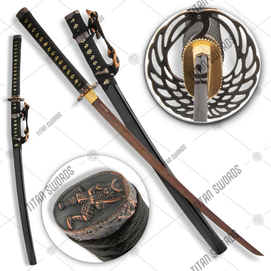 Premium Shinwa Ebony Tachi Katana Black Damascus Sword with damascus steel.