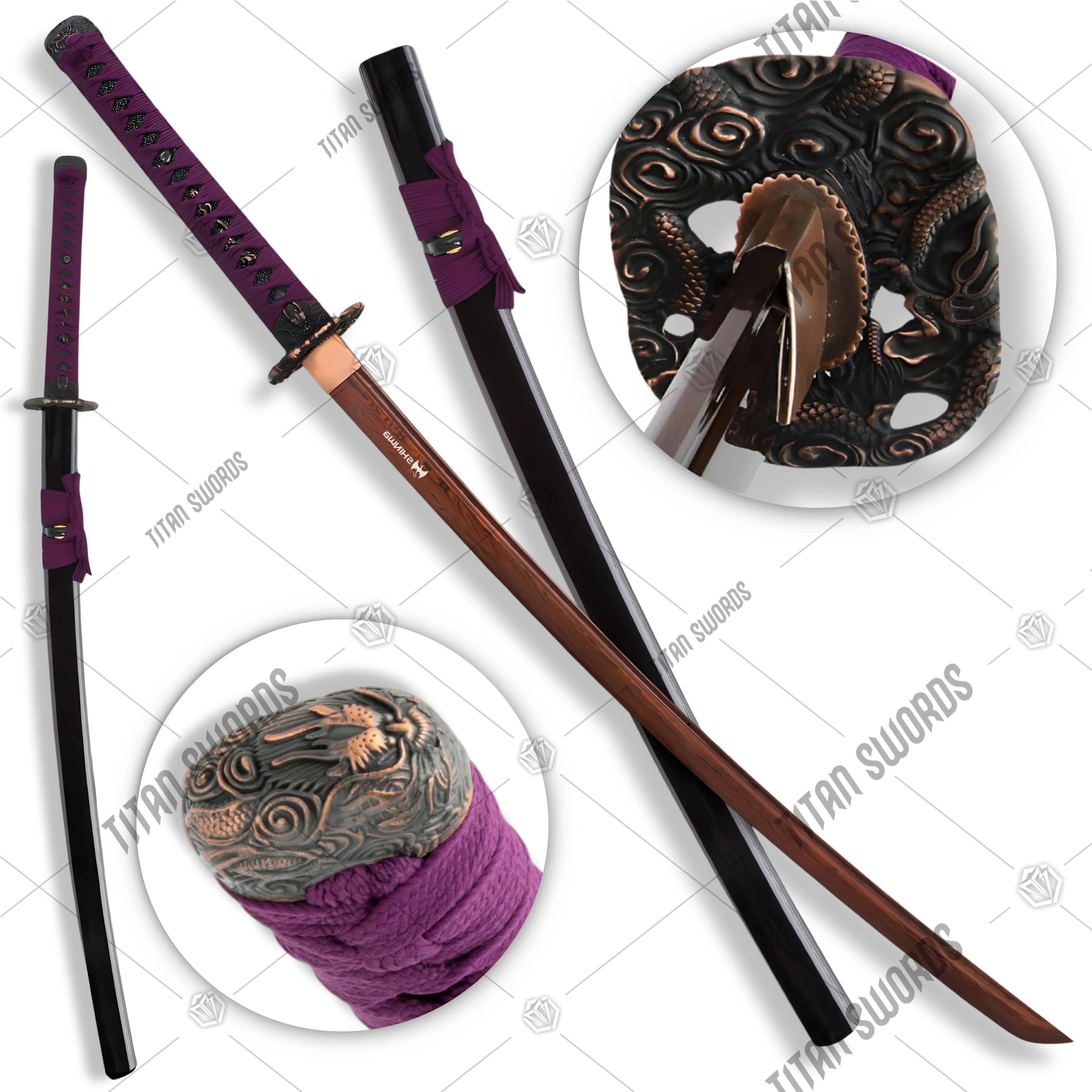 Premium Shinwa Regal Purple Katana Damascus Sword with damascus steel.