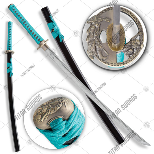 Premium Shinwa Regal Teal Katana Samurai Damascus Sword with damascus steel.