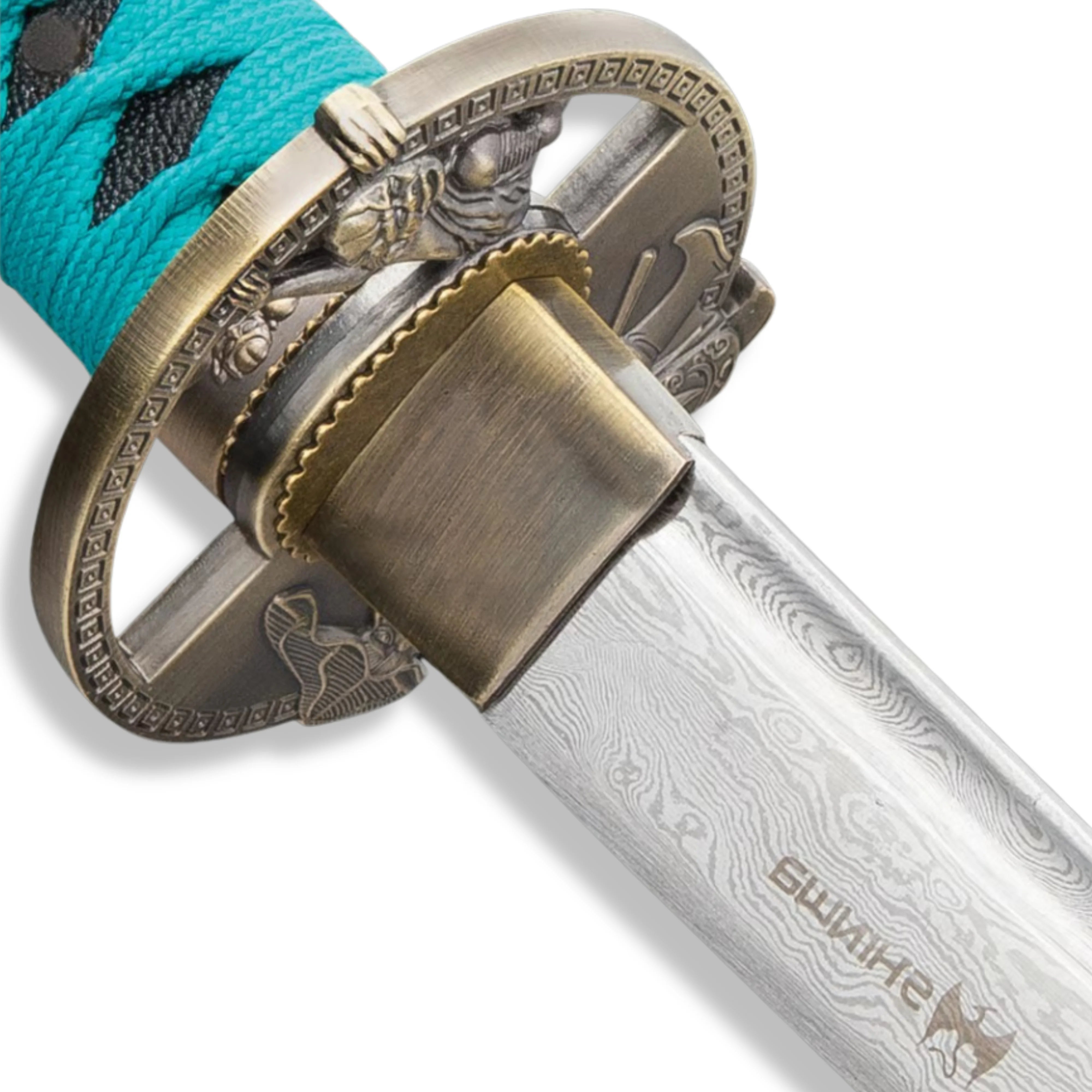 Premium Shinwa Regal Teal Katana Samurai Damascus Sword with damascus steel.