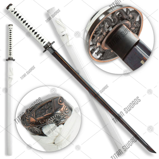 Premium Shinwa White Knight Black Katana Damascus Sword with damascus steel.