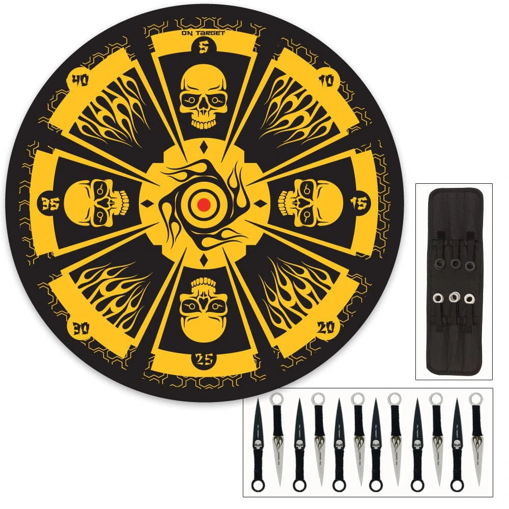 Skull Master throwing knife set with target for outdoor target practice and throwing sports