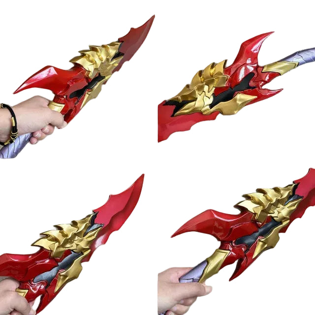 Ergonomic red handle with purple gold accents on Kamish's Wrath anime replica