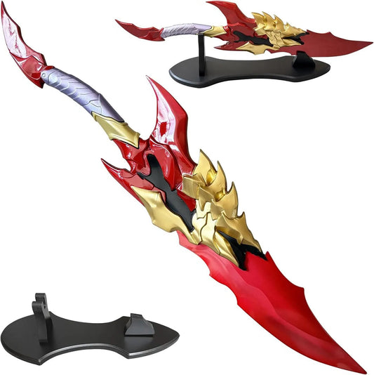 Ergonomic red handle with purple gold accents on Kamish's Wrath anime replica