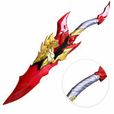 Solo Leveling Kamish's Wrath dagger prop replica showing full dimensions — 23.6 in total length, 10.2 in red blade, 9.4 in silver handle, weighing 3.3 lb, displayed on white background