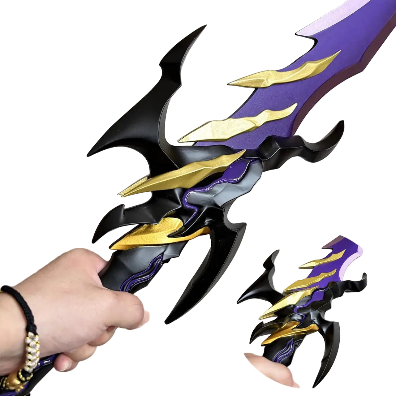 Solo Leveling Voidstrike Shadow Serpent replica full view with display stand and cosmic violet design