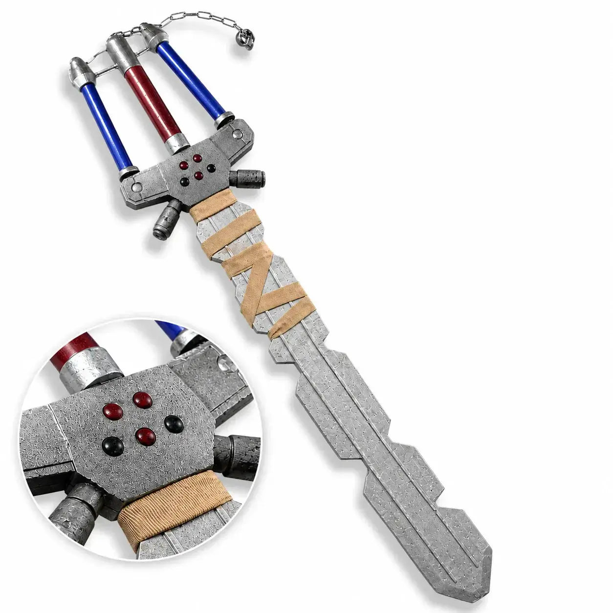 Kingdom Hearts Fenrir Keyblade guard close-up showing blue and red tube details with gem accents – prop replica