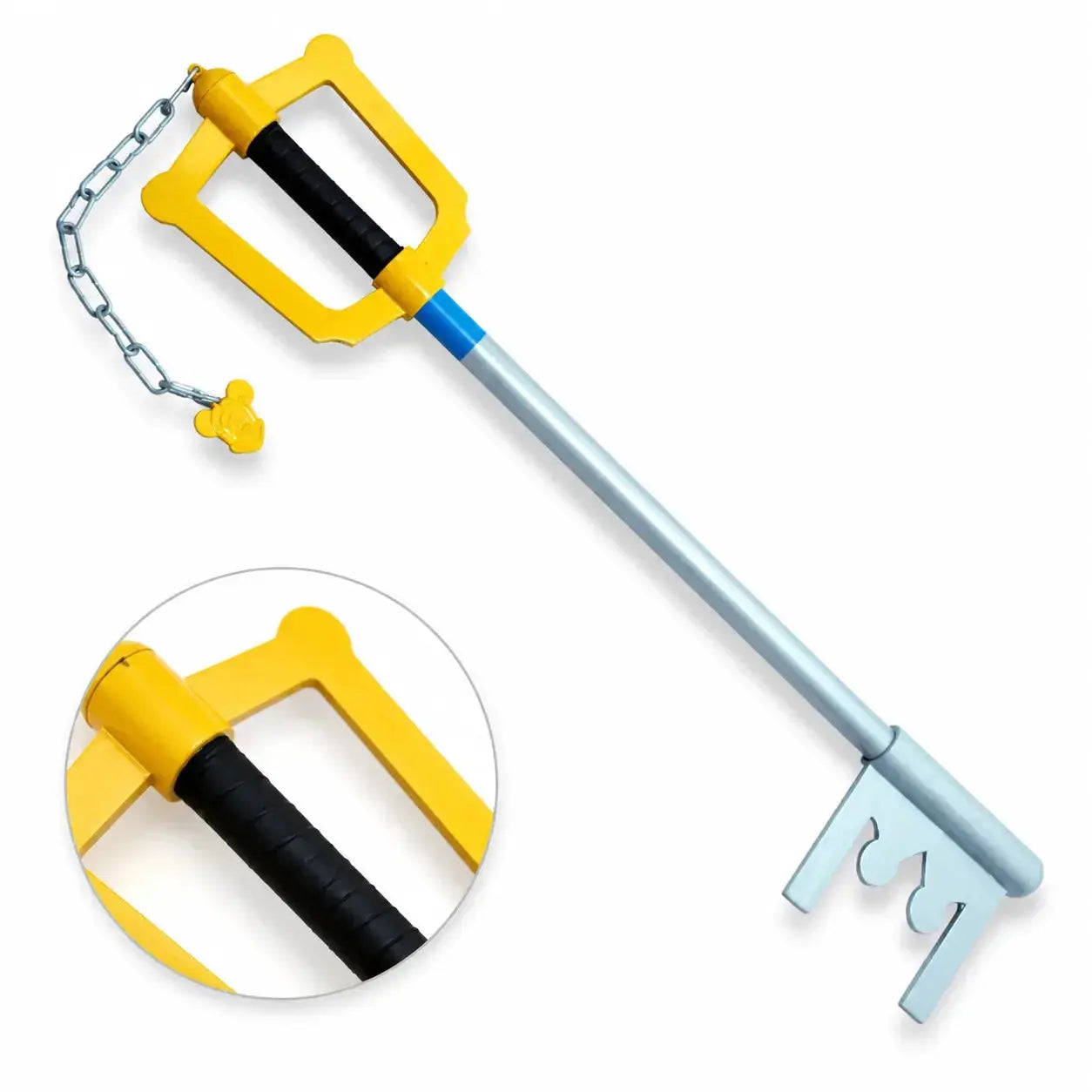 Sora Keyblade prop replica yellow guard with Mickey Mouse keychain charm – Kingdom Hearts cosplay accessory