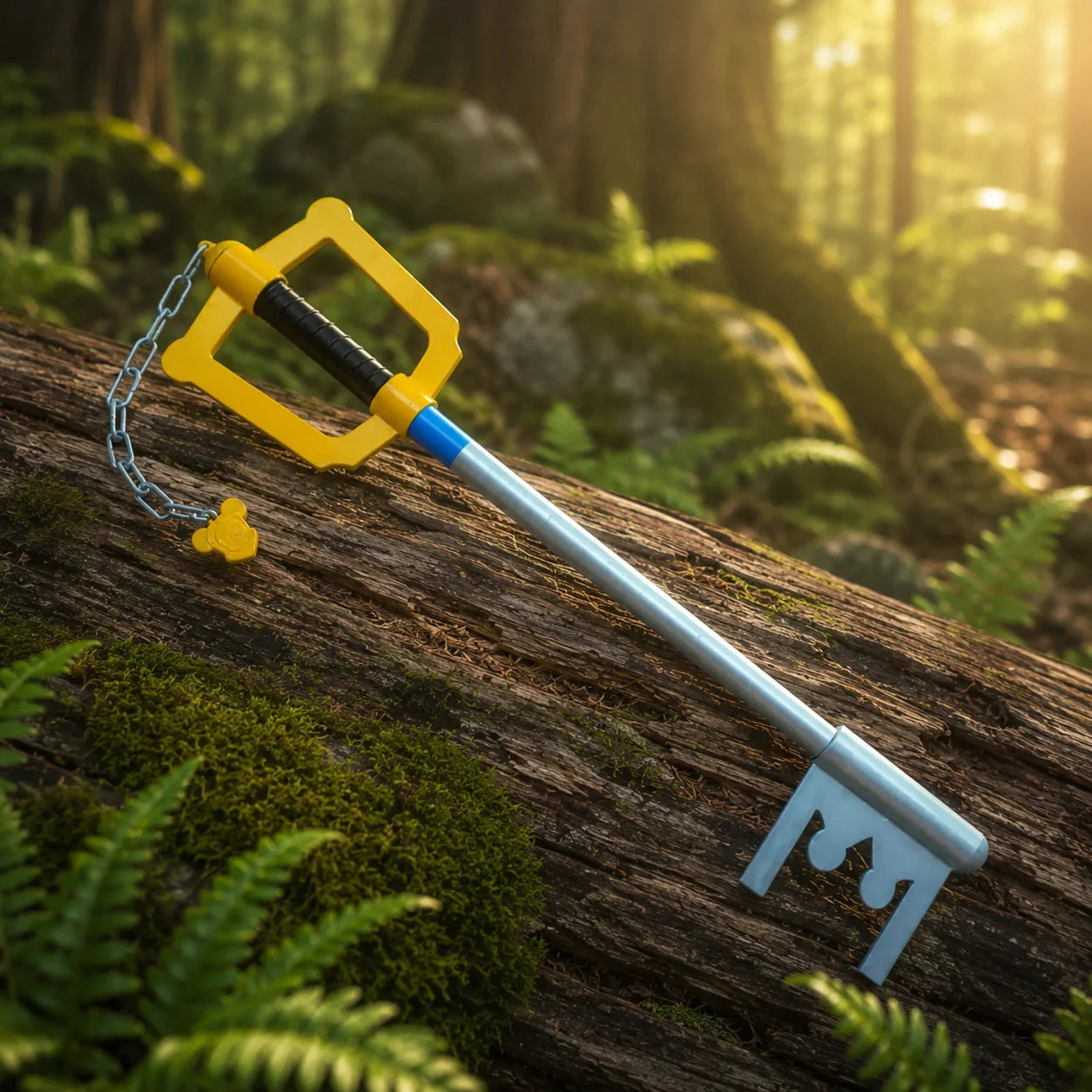 Sora Kingdom Hearts Kingdom Key Keyblade prop replica displayed on mossy rock – cosplay accessory