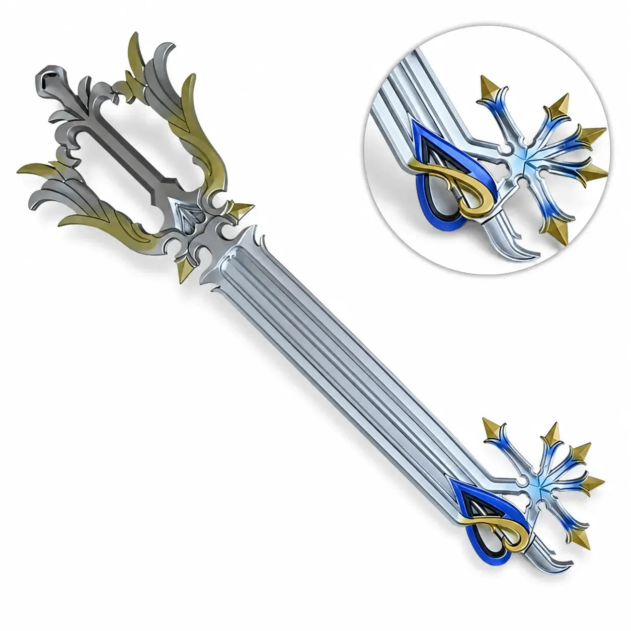 Sora Oathkeeper Keyblade prop replica Kingdom Hearts display collectible on moss-covered rock