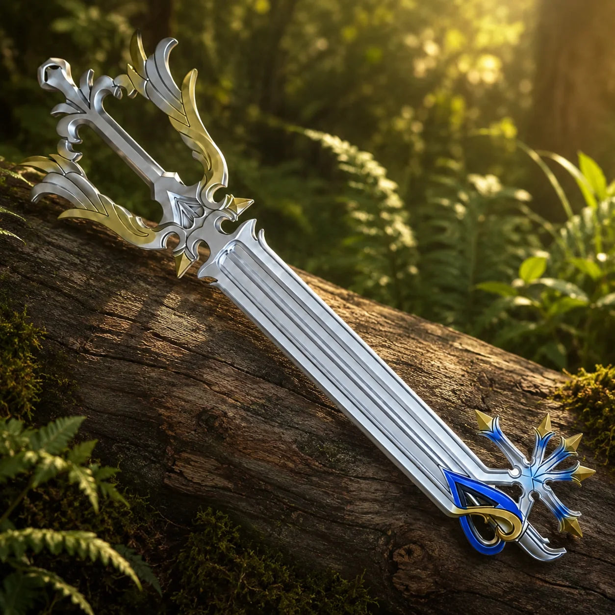 Oathkeeper Keyblade collectible full-length view on rock Kingdom Hearts prop replica
